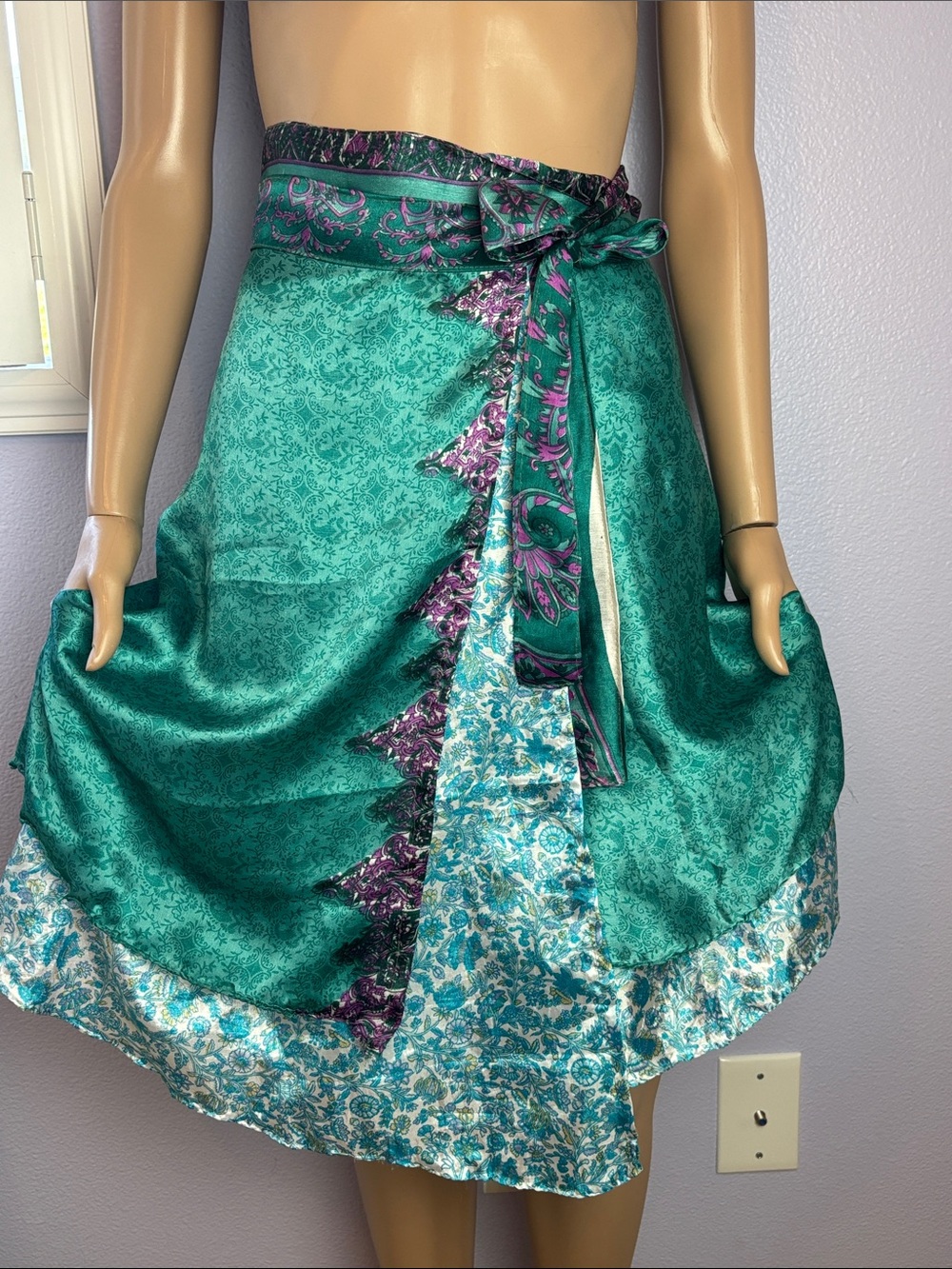 Upcycled Saree Teal Floral Wrap Skirt with Purple Accent 2 Layers of Silk